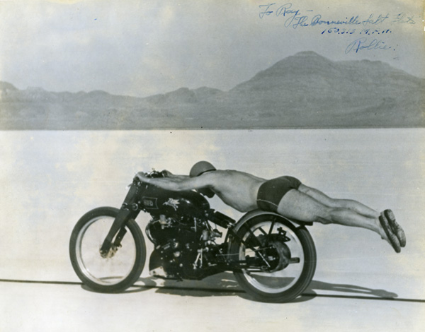 Rollie Free, flat out at Bonneville. This picture surely contributed to make him a legend as well as Vincent. Courtesy of Marty Dickerson