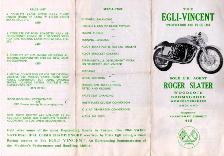The original Slater price list back in 1968. A complete rolling frame cost GBP 175, today it will likely cost 100 times and you still have to add a complete restored engine.