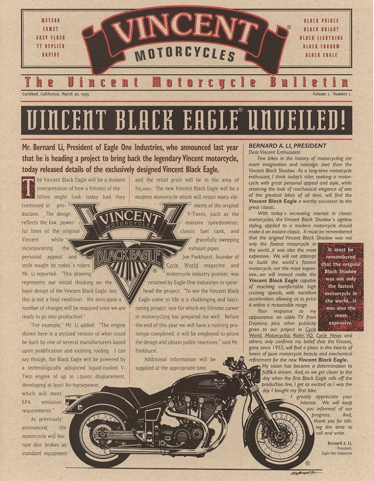 Mar 30, 1995... Bernard Li announce in this first flyer that he started his quest to make the Vincent V-Twin back to life.