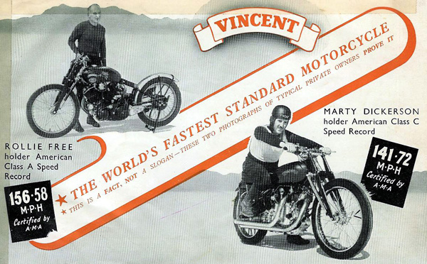 The Vincent advertisement in the 50s, featuring the Bonneville speed records.