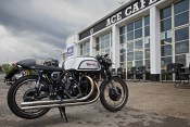 Beautiful picture of Mark Warriner's Norvin in front of the Ace Cafe in London