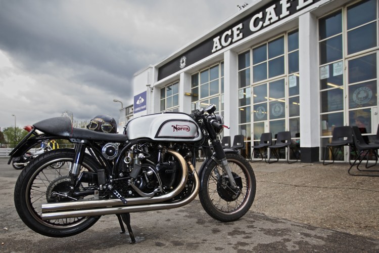 Beautiful picture of Mark Warriner's Norvin in front of the Ace Cafe in London