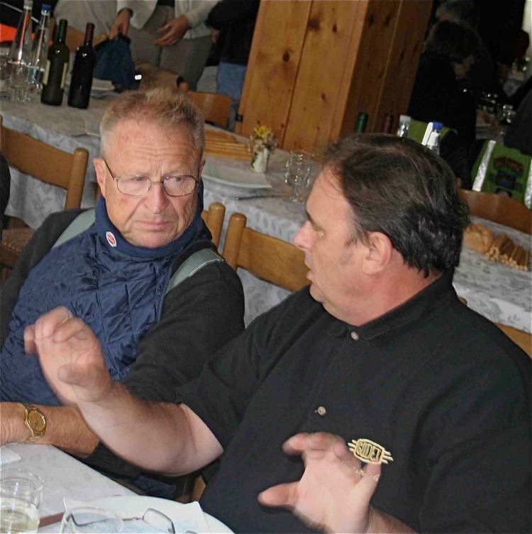 Fritz Egli (feft) and Patrick Godet (right) discussing at the Vincent-HRD Owners Club Rally in 2008. © David Lancaster