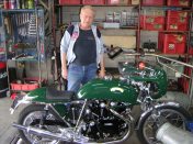 Fritz Egli in front of a genuine Egli Vincent assembled by Godet and tested on its dyno and ready to be delivered to a customer.
