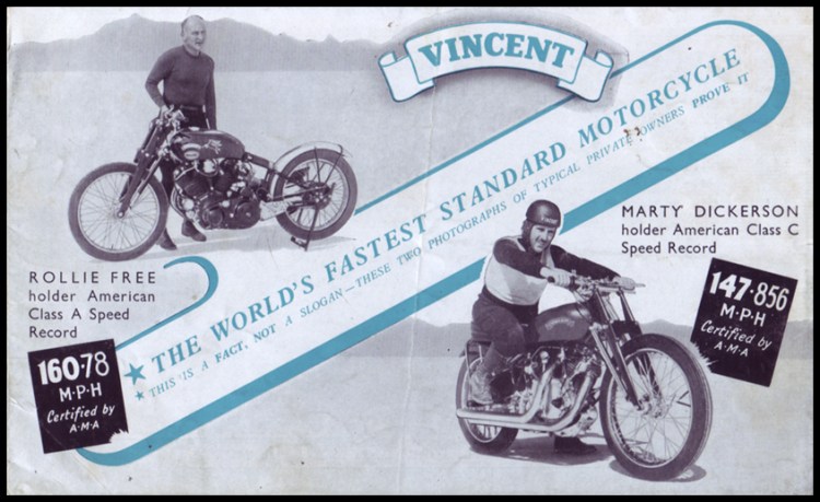 U As Utah and its Bonneville Salt Flats. Rollie Free was the first one to break the barrier of 150 mph on his HRD Black Shadow crushing Joe Petrali’s 11 years old record (136.183 mph) with 150.313 mph. This was sufficient to make him a hero, but the fact that he stripped down to tight-fitting swimming shorts and laid flat on the Vincent wide open, made him a legend.