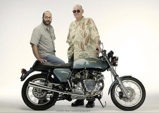 Big Sid and his son Matthew a few years later in 2005. Sid was a "big" guy, 6' 5" (196 cm) and 300 lbs (136 kg). Sid often mentioned that the Ducati was a little"roomier" for him than the compact Vincent.