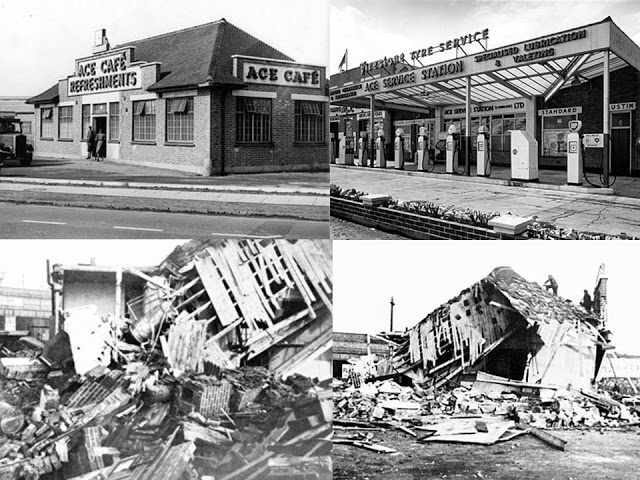 The original Ace Cafe in 1938 before and after the air raid.