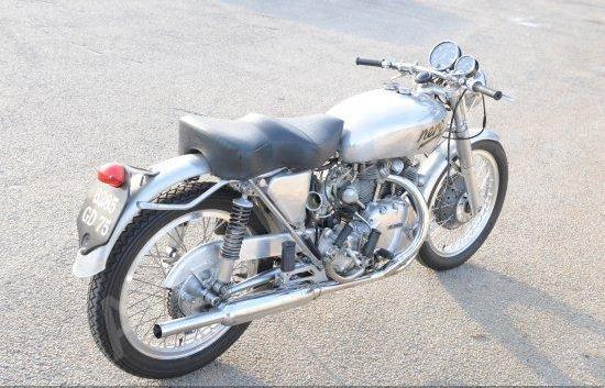 NERO A very rare bike that could be mistaken for an Egli but it is not! This bike was rebuilt in 1957 for a Frenchman named Marc Bellon after a road crash and he own the bike until 2009 before selling it in the UK. George Brown himself built the RFM (rear frame) and installed a conventional front fork, so the bike kept its VIN# and registration. The bike name is NERO as Brown's Vincent racers. Brown built 3 similar bikes.