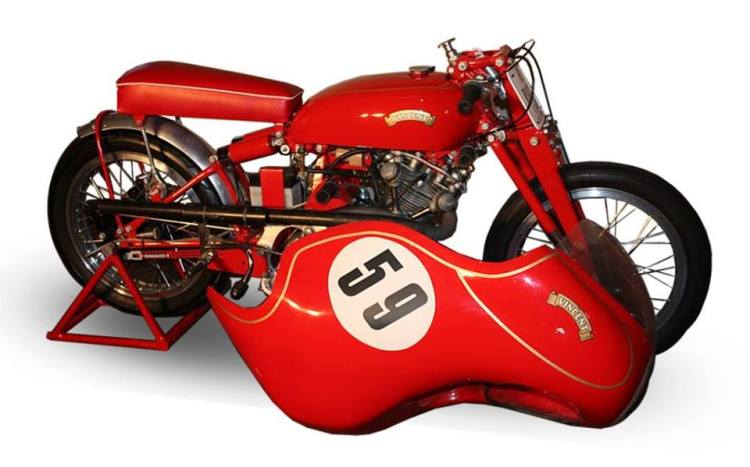 RRR as Red Red, Red or Red Rocket Racer, which is its name. This 1950 Comet has spent a time in a museum but has been run at Isle of Man and Bonneville. Al Mark built the bike and added his own personal interpretation, including the red paint job and bolted on the Manx Norton replica Peel Dolphin Mark II fiberglass fairing. It is truly a rare piece of British racing history and some original and rare Grey Flash parts.