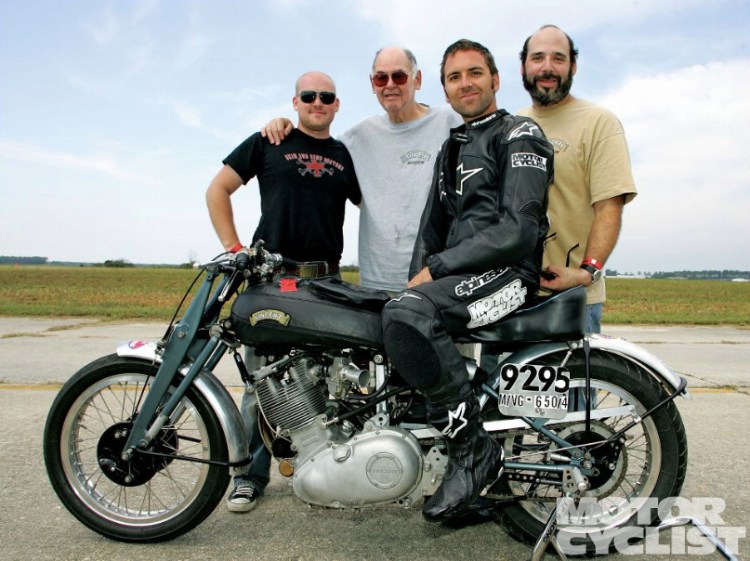 Big Sid’s 600cc single, Overtime Tina. Tina’s best outing came at Bonneville in 2011 where it turned a one way speed of 110.9 mph. Unfortunately team was not able to do a back up run due to ignition failure. Still, Tina set two records at Maxton NC, and one at Wilmington Ohio (ECTA records). Tina was run on the street for two years as well. It is a lot of fun to ride. Left to right: Logan Robinson, Big Sid Biberman, Aaron Franck and Matthew Biberman http://www.motorcyclistonline.com/features/122_1002_vincent_motorcycle_project_overtime_tina/