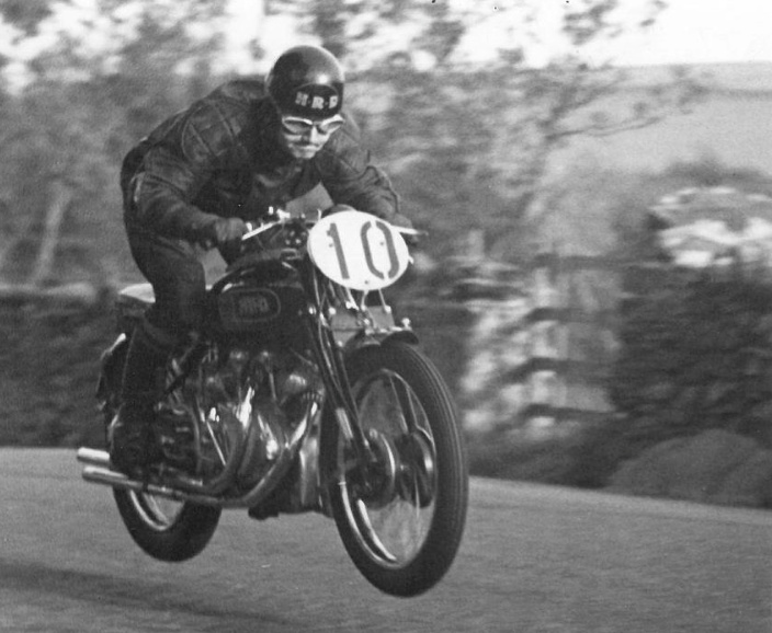 A newspaper commented, "The sight of Alex Phillip airborne at 130mph going past the Highlander pub was enough to put patrons off strong drink forever."Phillip really 'down to it.  Creg-na-Baa at top speed | Picture courtesy of Mortons Archives