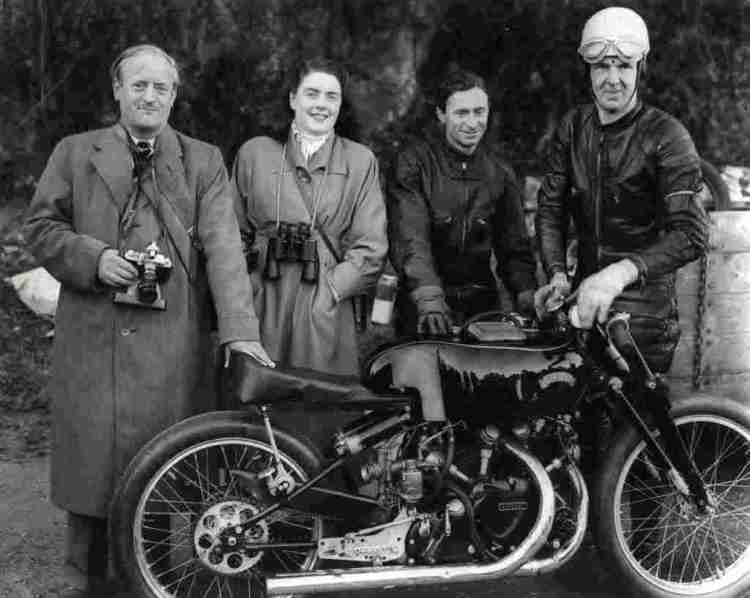 This is a very historic shot of Gunga Din, in Ireland in 1953 when it set a record. Phil and Frida Vincent were on their Honeymoon and it was the last Public appearance of Gunga Din. Dennis O'Neill, the small light rider was there as a back-up pilot while Harry Lindsey, the rider on the far right, went 143mph. Note the elastic band on his leathers was to prevent flapping. Source David Dunfey. http://www.thevincent.com/