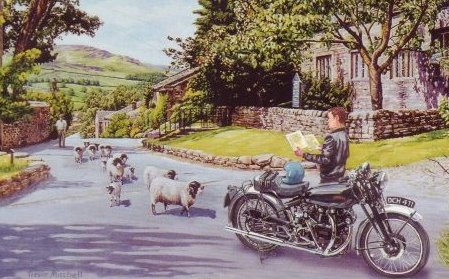 1950 Vincent Black Shadow in landscape