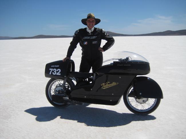 DLRA Record Holder 139.001 MPH at Lake Gairdner in 2010, finally Beating Burt Munros Long Standing 1971 Record of 132.350 MPH.“The bike was blown of the track at around 140mph on two runs, one with the big tail and one with the small tail. Finally on the last day with the small tail and under geared we finally set a new record of 139.001mph, and became the world fastest Velocette”. | Picture Stuart Hooper