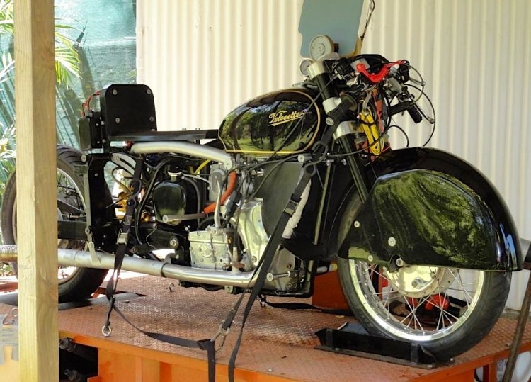 The Velo on the dyno. “A closer look reveals the efforts of Stuart Hooper to retain the 'Velocette' identity of the machine; from the front - standard wheel hubs, standard steel 3.5gal fuel tank, 'map of Africa' timing cover, standard gearbox, oil tank, arcuate-slot rear suspension adjustment, and standard rear wheel. The crankcases look original, but are highly modified for strength.” | Picture Stuart Hooper