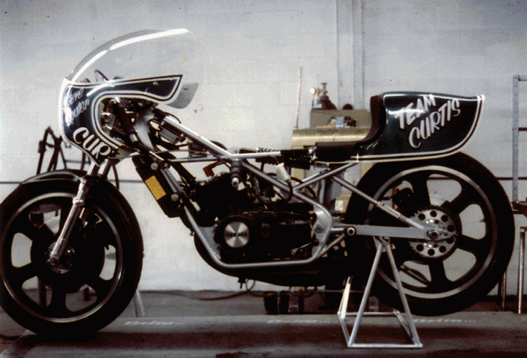 Subsequently CFR used the new liquid cooled Yamaha engine although the engine was not at that time available to the public. The wheels are 18” CFR in magnesium. The bike was designed to use 18" wheels, Ceriani Road Race Forks and a cantilever swing arm with 2 shocks horizontally placed right underneath the gas tank. The seat height was extremely low, keeping the rider's weight as low as possible. It weighed 22 pounds less than the Yamaha Motor Canada bikes of the time.