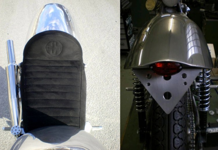 The seat made of suede, note the stitched Swiss cross. On the right, the rear cowl and license bracket.