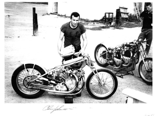 Clem Johnson with his famous Barn Job, Vincent drag bike in September 1961, Hobart, Indiana.  Photo courtesy of Jim Leineweber photo archive.