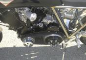 Paul explains that he had quite a strong mind about what he wanted, half way between a Classic Café Racer and a Hot-Rod. Thus he used an open primary belt transmission that he carefully machined and adapted from Harley Davidson. Picture credit: Paul Zell