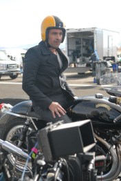 Olivier Martinez on the Egli for a few pictures before the trolley-car goes on the runway for the close up shooting.