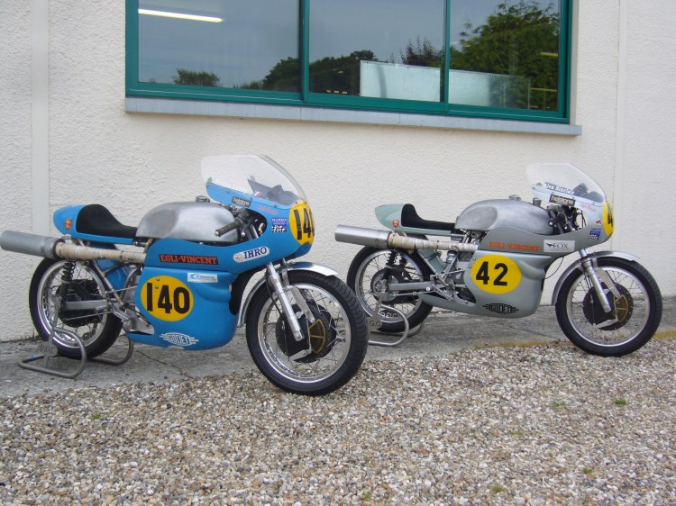 Bruno Leroy’s bike (the Blue) with Alex Sinclair’ bike (the Grey) in front of Patrick Godet’s workshop.