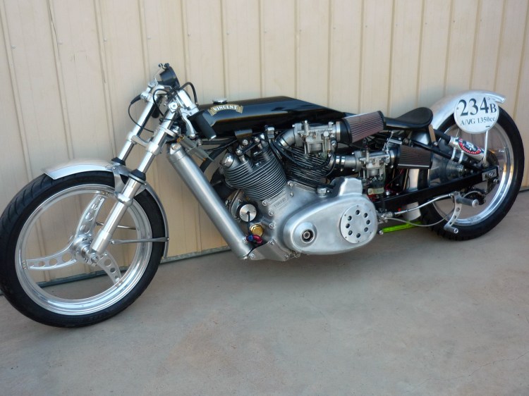 On this side, one can notice the primary drive Newby clutch and belt and the enormous carburetors from S&S series. (Photo © Mal Hewett)